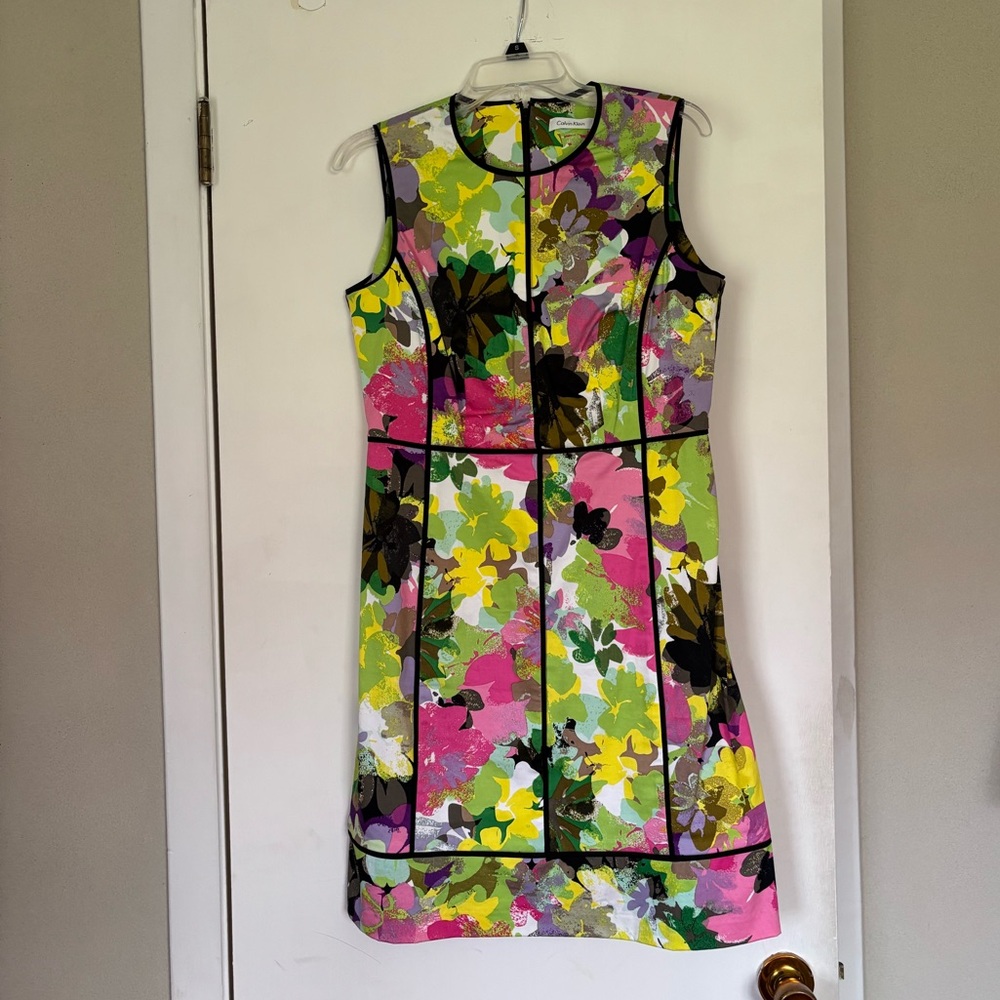 Calvin Klein Bright Floral Print Dress with Black Trim